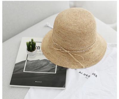 China Custom Hand Made Illustration Hot Sale Raffia Straw Bucket Hat Cloche Sun Hat Simple Sun Hat With Bowknot Ribbon for sale