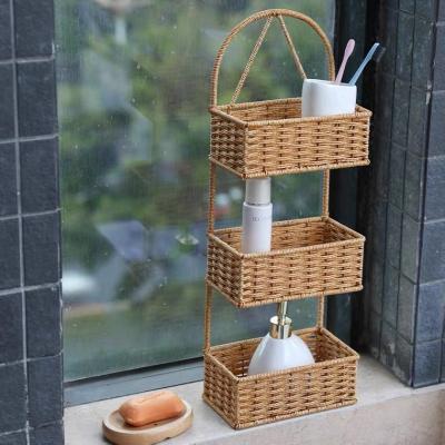 China New Style Home Decor Sustainable Plastic Rattan 3 Tier Hanging Fruit Basket Baskets Planter for sale