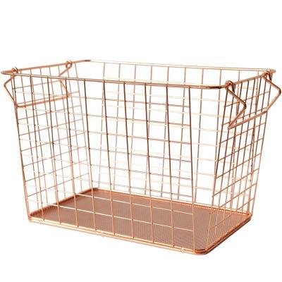 China Rose Gold Metal Wire Food Viable Storage Bin Baskets Organizer with Handles for Kitchen Cabinets Pantry Bathroom Laundry Cabinets for sale