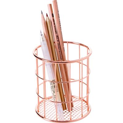 China Modern Rose Gold Metal Wire Mesh Desktop Stationery Supplies Organizer Makeup Brush Cups Pen Pencil Holder Container for Office Home for sale