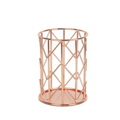 China Modern Wired Mesh Design Pen Pencil Cup Holder Rose Gold Metal Oval Shape Desk Stationery Organizer for Office Home School for sale