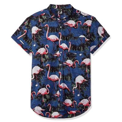 China Casual T-Shirts Breathable Poplin Printing Beach Cotton Pattern Custom Printed Flamingo Hawaiian Shirt for sale