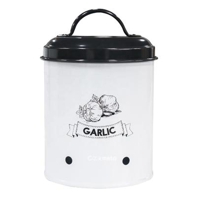 China Storage Multi-Gauge Metal Round Storage Tub With Lid Potato Kitchen Canister And Onion Storage Box Set for sale