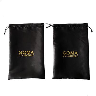 China Custom Gift Gold Logo 20x30cm Drawstring Black Silk Bikini Bags Satin Swimwear Dust Pockets for sale