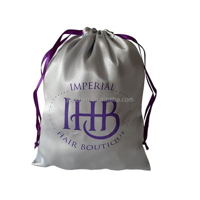 China Custom Logo Silver Silk Drawstring Toupee Gift Pouches Satin Bags For Packaging Wig for sale