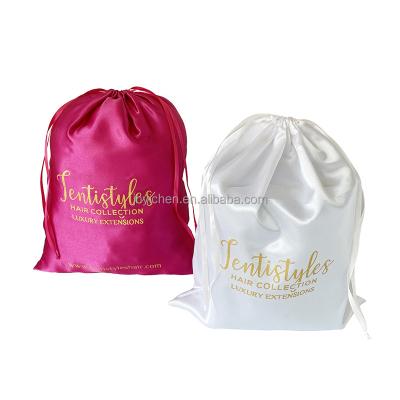 China Custom Logo White Silk Drawstring Wig Pouches Satin Gift Bags For Hair Bundles for sale