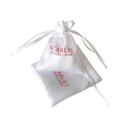 China Custom White Silk Gift Logo 10x13cm Drawstring Bijou Pouches Satin Bags For Boutique for sale