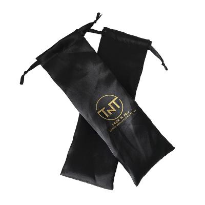 China Custom Logo 8x24cm Black Satin Gift Gold Cord Silk Comb Bags For Kid Packaging Funs for sale