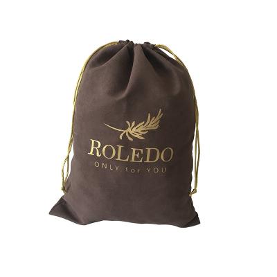 China Gold Logo Brown Velvet Swimwear Pouch Recyclable Custom Suede Drawstring Lingeries Bags for sale