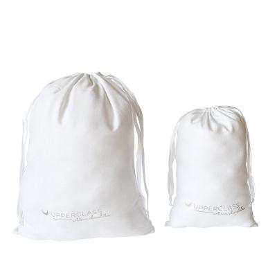 China Gold Logo 30x40cm Recyclable Hot Stamping White Velvet Beachwear Pouch Suede Drawstring Swimwear Bags for sale