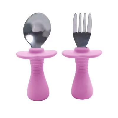 China BPA free factory sell stainless steel baby spoon with silicone handle baby dish spoon and fork set for sale