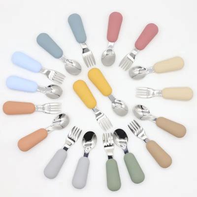 China Hot Sale BPA Free Stainless Steel Silicone Administers Baby Spoon and Fork Feeding Training Spoon Set for Kids Toddler for sale