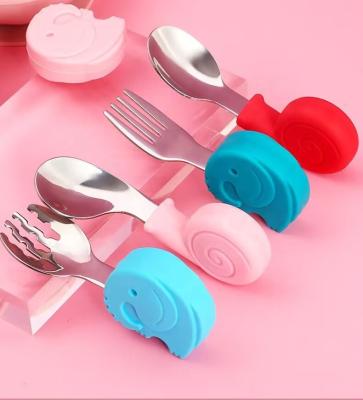 China BPA Free Food Grade Baby Gently Feeding Toddler Utensils Silicone Baby Tilted Spoon Stainless Steel Fork and Spoon Set for sale