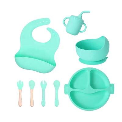 China 100% Eco-friendly Wholesale Baby Bowl Cup Suction Silicone Baby Tableware Food Set Baby Silicone Complementary Bibs Dinner Fork Spoon Sets for sale