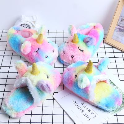 China Breathable Rainbow Fur Unicorn Fluffy Animal with Sequins for Girls Kids Soft Plush Slippers for sale