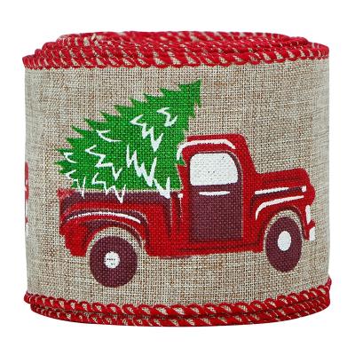 China Viable OEM Customized Holiday Christmas Truck Burlap Ribbon Wired Edge Printed Burlap Ribbon For Wreath Crafts Project Decoration for sale