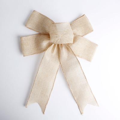 China New Design Christmas Ribbon Bow Natural Burlap Ribbon Bow Door Hanger For Christmas Wreath for sale