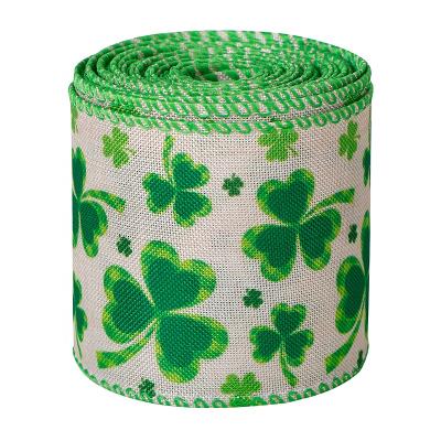 China Recyled MSD Factory St Patrick's Day Cable Edge Ribbon Wholesale Shamrock Printed Burlap Ribbon 2.5 Inches Wide for sale