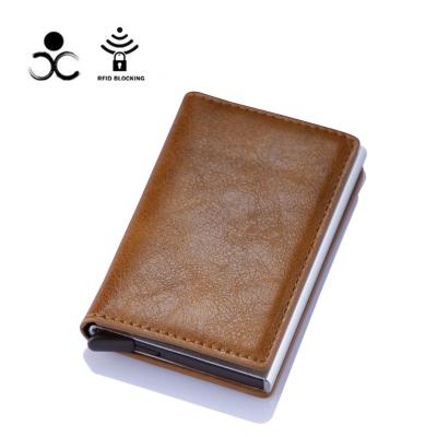 China Business RFID Card Case Noise Blocking Automatic Function PU Leather Up Credit Card Holder Wallet With Metal Card Box for sale