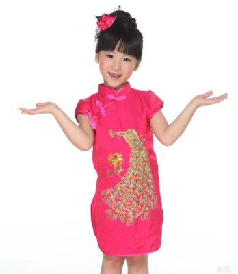 China Chinese traditional short sleeve dress summer girl qipao skirt children silk suit brocade kids cheongsam for sale