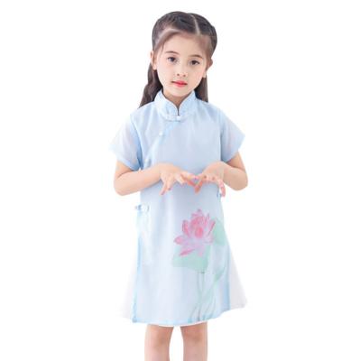 China Washable Chinese Style Girl Chiffon Vintage Summer Girls Dress Princess Cheongsam Dress Children Short Sleeve Dress for sale