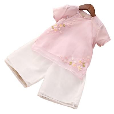 China Retro Style Clothing Girls Fashion Traditional Chinese Clothing Summer Children Suit Girls Wide Leg Pant Children Han Short Sleeve Suit Silk Dress Suit for sale