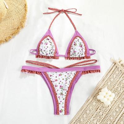 China OEM ODM Girls Breathable Bikinis Two Piece Swimsuit Pink Bikini Set Beach Wear Floral Ruffle Bikini Swimwear Lace Up Swimwear for sale