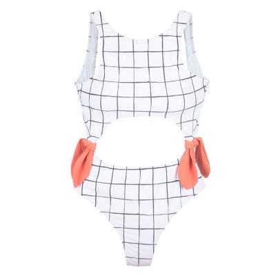 China Custom Plus Size Swimwear Cutout Plus Size Swimwear For Women Round Backless White Plaid High Leg One Piece Swimwear Neck Swimwear for sale