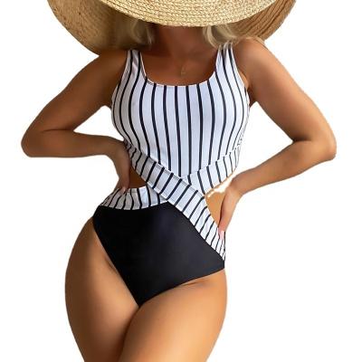 China Plus Size OEM Girl Bikini Swimwear Striped One Piece Swimsuit Crisscross Swimsuits For Women Monokini Scoop Bikini White Beach Wear for sale