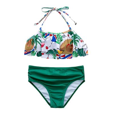 China Custom Windproof Bikini 2022 Girl Two Piece High Waist Ruffle Swimwear Tankini Tropical Green Print Swimwear Swimwear For Kids for sale