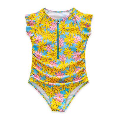 China Custom High Leg Sunflower Kid Swimwear One Piece Ruffle Windproof Swimwear 2022 Tied Swimwear Girls Swimwear Kids Yellow Bikini for sale