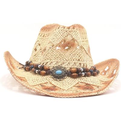 China Custom Women's Hollow Out Eco-Friendly Straw Cowboy Hat Wholesale Unisex Western Hats for sale