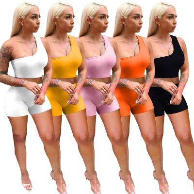 China Anti-wrinkle 2021 Summer 5colors Women Wear, Solid Colors One Shoulder Crop Top Sports Basic Biker 2 Piece Short Set for sale