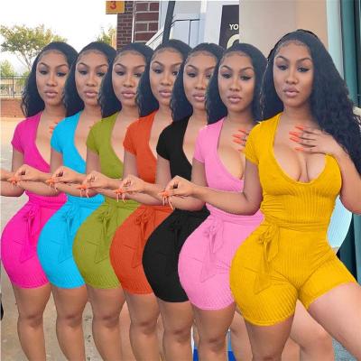 China Workable sexy elastic jumpsuit v-neck solid color short sleeve t-shirt full+bike short pants strip casual overalls yoga sports suits for sale