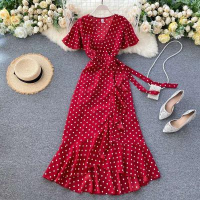 China New Ladies Breathable Sweet Love Bow Floral Lotus Leaf Sleeves Commuter Elastic Banquet Skirt Word Size A Professional Dress for sale