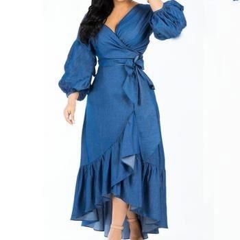 China Other Women Ruffles Design Ladies Dress Women Denim Dress Long Lady Jean Dresses for sale