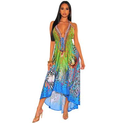 China 2021 Retro Summer V-Neck Halter Skirt Print Halter Skirt Breathable Sexy Beach Vacation Ladies Dress for sale