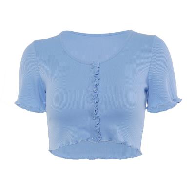 China Breathable Woman Tops 2021 Fashionable Stretch Top Summer T-shirts Ruffle Button Sleeve Crop Women Sexy T-shirt for sale