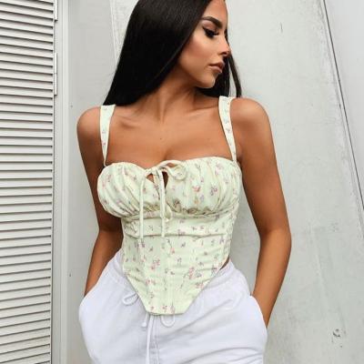 China Sleeveless Print Bustier Corset Tank Tops Summer Floral Crop Tops Sleeveless Ruched Boning Hollow Out Tie Up Sexy Women Blouses And Tops for sale