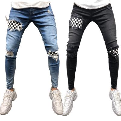 China 2021 NEW American Style Distressed Skinny Viable Black And White Distressed Hole Patch Checked Stitching Jeans Black Men Jeans for sale