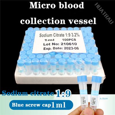 China Small Medical Plastic 1:9 Lemon Sodium Citrate / Hemagglutination Tube 1ml Collection Vessel Micro Blue Cap Disposable Medical Plastic for sale