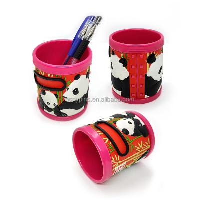 China Souvenirs Promotional Cute Chinese Panda Red Education Makkah Mug Cup Pen Container, 3D Soft PVC Brush Pot Pen Holder for sale