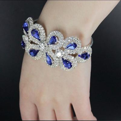 China New Fashion 2021 Hot Selling National Rhinestone Opening Bangle Sapphire Stainless Steel Bracelet Blue Crystal Floral Newest for sale