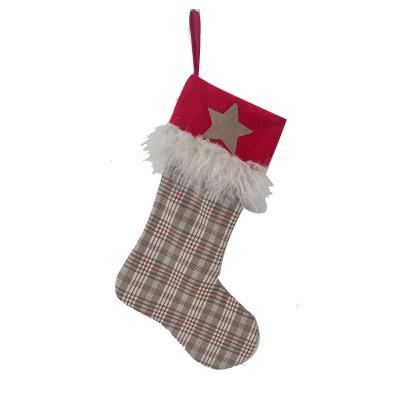 China 2022 POLYESTER CHECK PATTERN KHAKI CHRISTMAS STOCKING DECORATION for sale