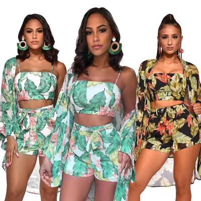 China 2021 Summer New Arrivals Preppy Hawaii Floral Print Style 3 Piece Set Clothing Women Shorts Set With Kaftan Beach Wear for sale