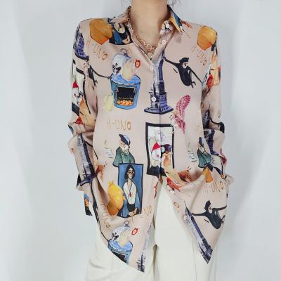 China New Breathable OL Women's Long Sleeve Printed Silk Shirt Turn Down Collar Retro Pink Oil Painting Shirt for sale