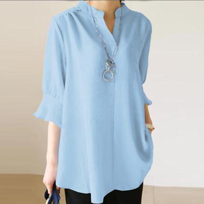 China New Bohemian Style Women's Anti-Wrinkle Casual Half Sleeve Solid Color Cotton Canvas Plus Size Shirt Top Blouse for sale