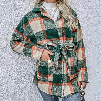 China Women's Turn-Down Breathable Loose Collar Green Long Sleeve Plaid Blouse Shirts Belts Button Up Casual Thick Full Sleeve Blouse Jacket for sale