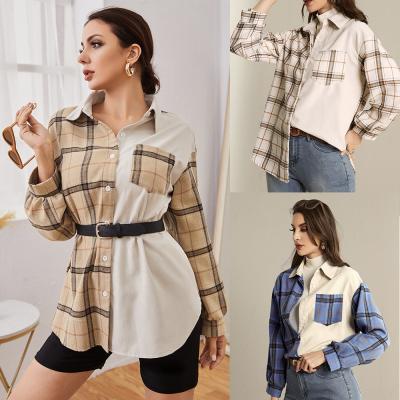 China Hot Sale Trendy Women Anti Shrinkage Contrast Color Long Sleeve Fashion Plaid Patchwork Top Blouse for sale