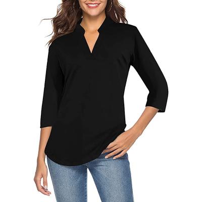 China Hot Selling Amazon Anti-Wrinkle Tunic Tops 3/4 Sleeve Women's Top Casual Stealth V Collar Top Loose Shirt for sale